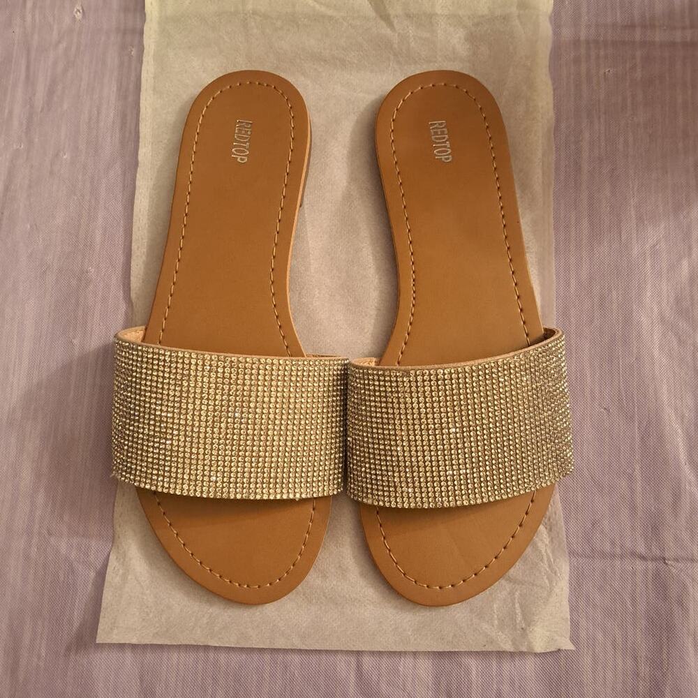 Women's Size 6 Rhinestone Flat Open Toe Sparkle Slide Sandals - Picture 6 of 9